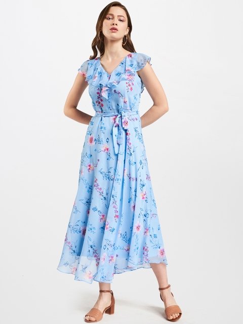 

AND Women Blue Floral Printed Fit and Flare Dress