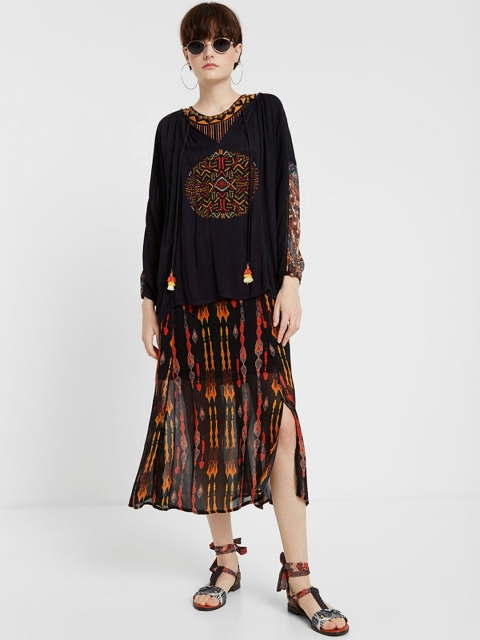 

Desigual Women Black Printed A-Line Top with Tie-Ups