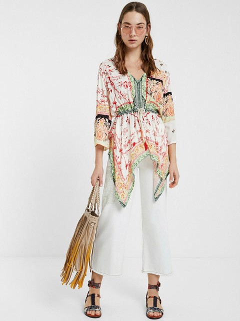 

Desigual Women Off-White & Pink Printed Cinched Waist Top with Tie-Ups