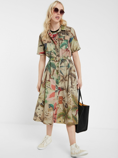 

Desigual Women Beige & Green Printed Fit and Flare Dress