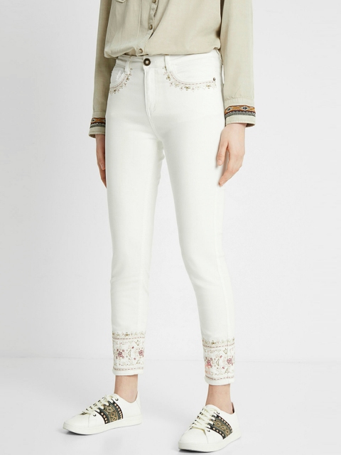 

Desigual Women White Skinny Fit Mid-Rise Embroidered Clean Look Stretchable Jeans