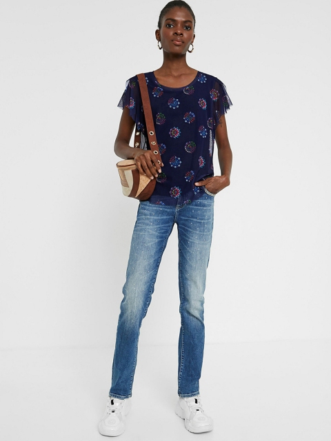 

Desigual Women Navy Blue Floral Printed Top