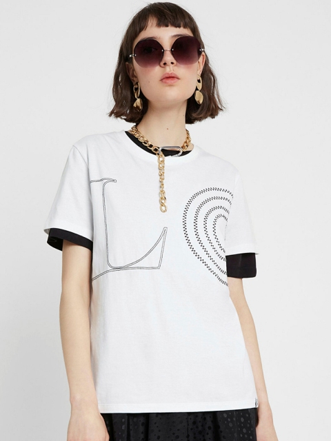 

Desigual Women White Printed Round Neck T-shirt