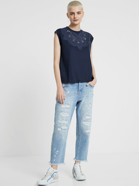 

Desigual Women Navy Blue Embroidered Top With Cut Out Details