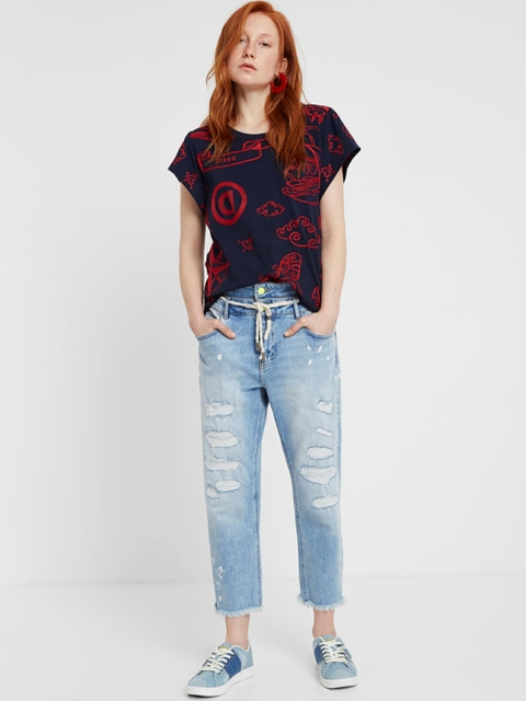 

Desigual Women Navy Blue Printed Round Neck T-shirt