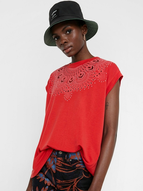 

Desigual Women Red Embellished Round Neck Top