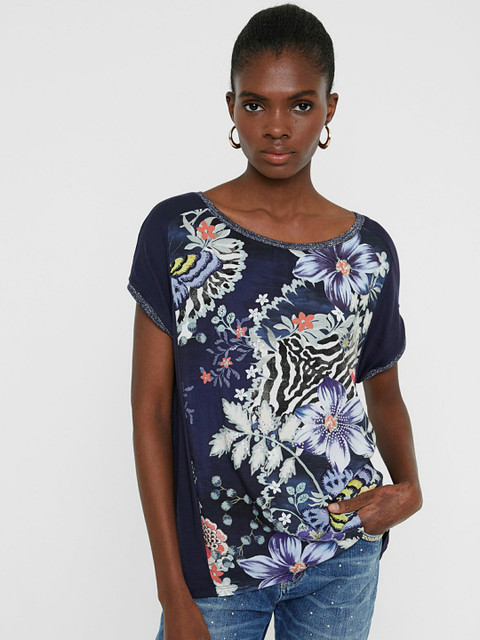 

Desigual Women Navy Blue Floral Print Top