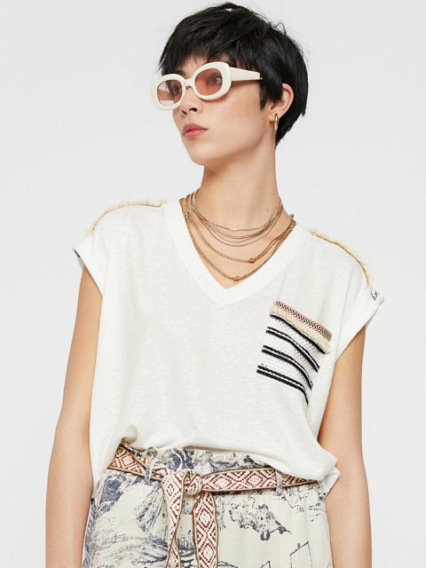 

Desigual Women White & Black Striped Top With Pocket Detail
