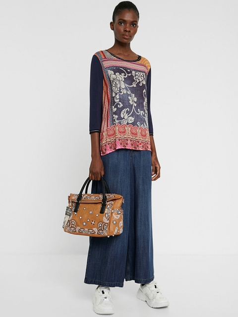 

Desigual Women Blue & Pink Floral Printed Round Neck T-shirt