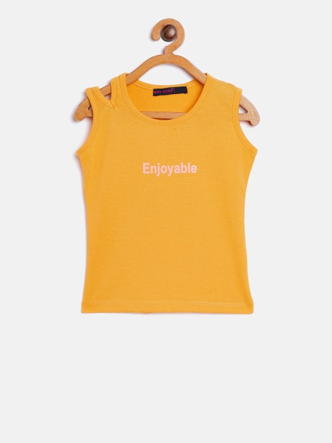 

Nins Moda Girls Mustard Yellow Printed Regular Kniited Top