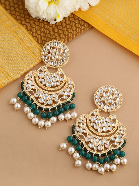 

Shoshaa Green Gold Plated Kundan Studded & Beaded Crescent Shaped Chandbalis