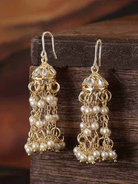 

Shoshaa Off-White Gold-Plated Kundan Studded & Beaded Dome Shaped Jhumkas