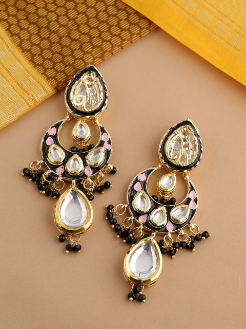 

Shoshaa Black Gold-Plated Kundan Studded & Beaded Enamelled Crescent Shaped Chandbalis