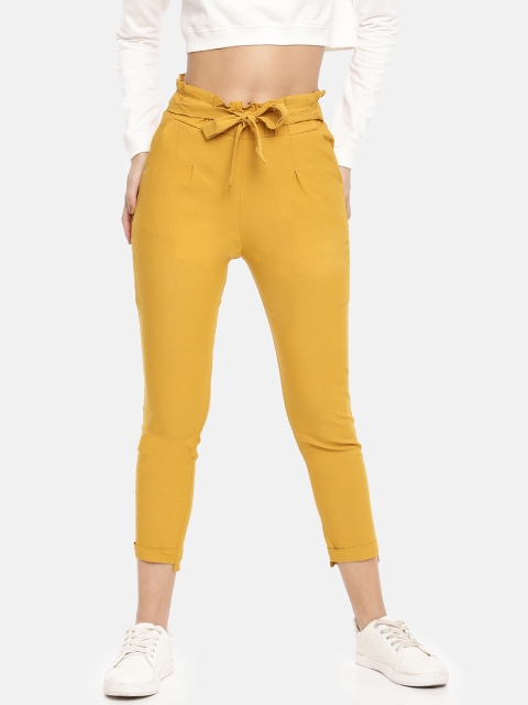 

GOLDSTROMS Women Mustard Yellow Regular Fit Solid Crop Cigarette Trousers