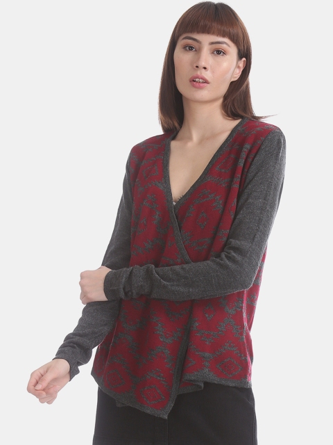 

ELLE Women Charcoal Grey & Maroon Printed Open Front Shrug