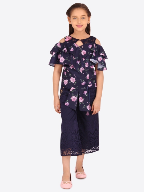 

CUTECUMBER Girls Navy Blue & Pink Printed Top with Palazzos