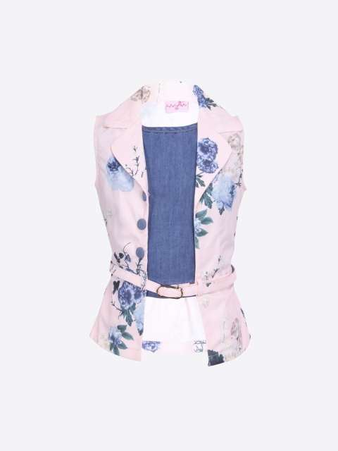 

CUTECUMBER Girls Peach-Coloured & Blue Floral Printed Shirt Style Top
