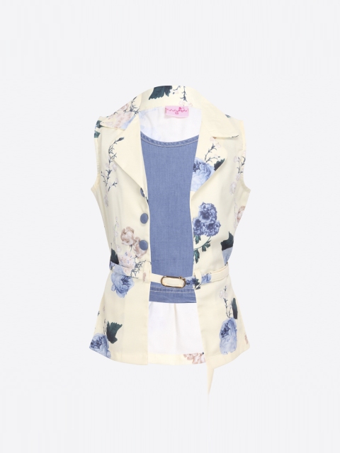 

CUTECUMBER Girls Blue Solid Denim Regular Top With Shrug, Cream