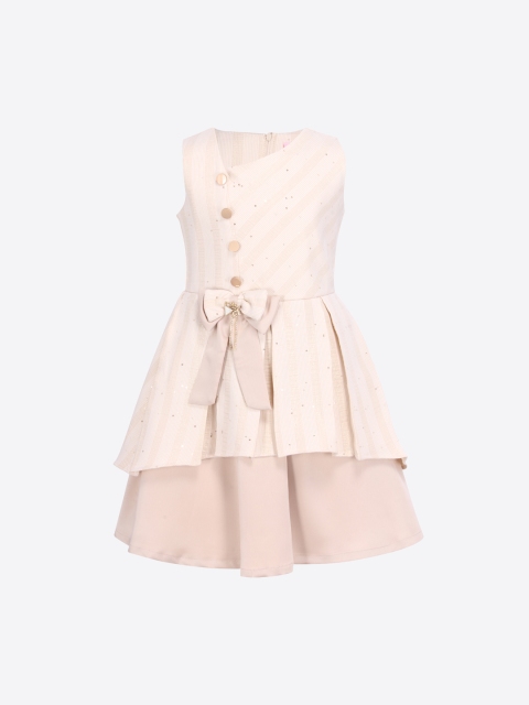 

CUTECUMBER Girls Cream Striped Fit and Flare Dress With Applique Detail