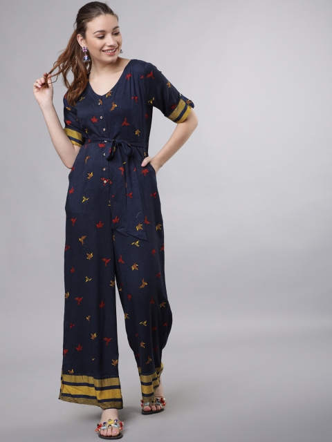 

Vishudh Women Navy Blue & Yellow Printed Basic Jumpsuit