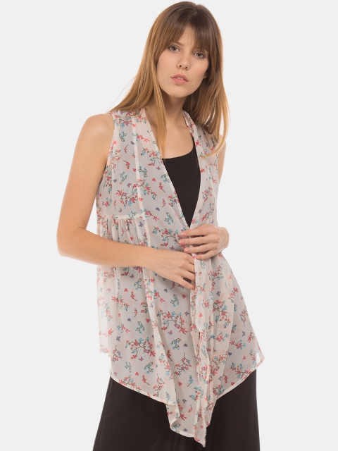 

Sugr Women Off-White & Pink Floral Printed Open Front Shrug