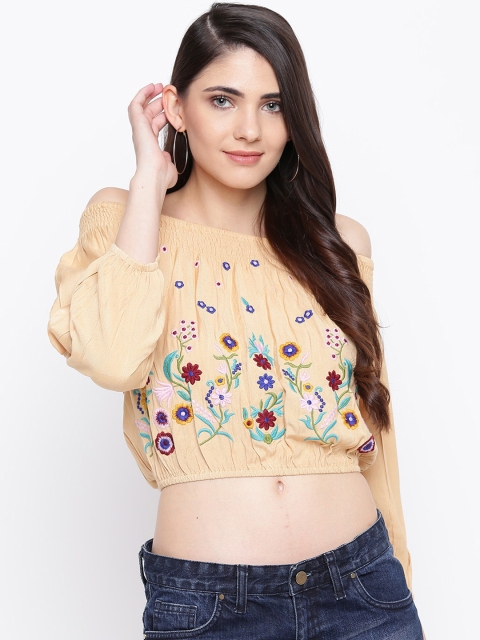 

DODO & MOA Women Beige Embroidered Bardot Top