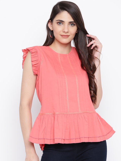 

DODO & MOA Women Coral Solid Peplum Top