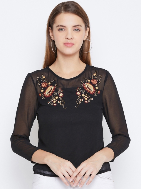 

DODO & MOA Women Black Solid Semi Sheer Top