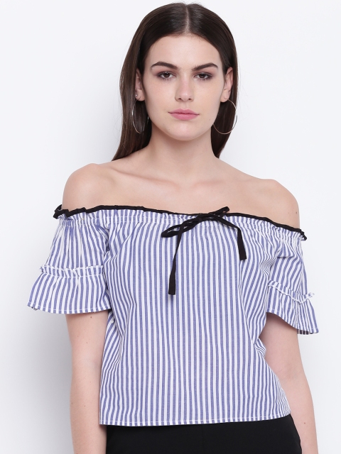 

DODO & MOA Women White & Blue Striped Bardot Top with Tie-Ups