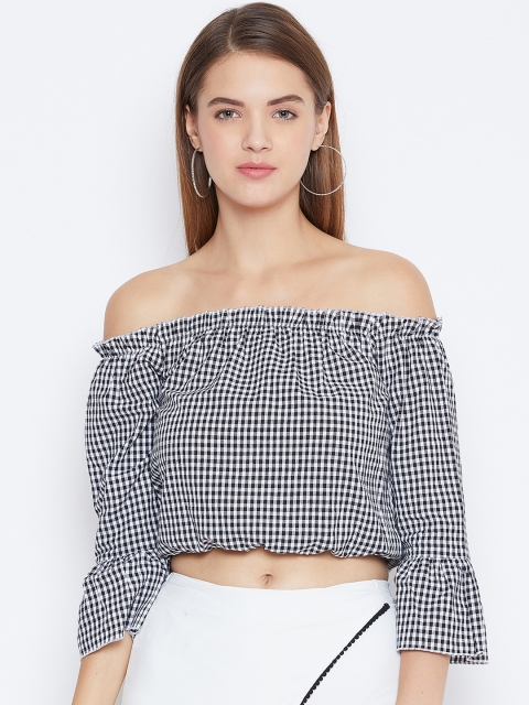 

DODO & MOA Women Black & White Checked Off-shoulder Bardot Top
