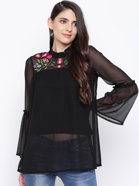 

DODO & MOA Women Black Solid Semi-Sheer Top