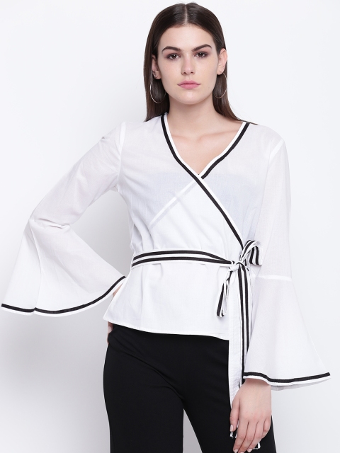 

DODO & MOA Women White Solid Wrap Pure Cotton Top