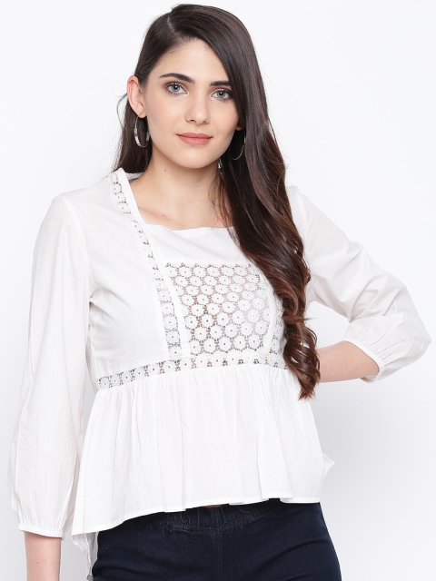 

DODO & MOA Women White Self Design Lace Inserts A-Line Top
