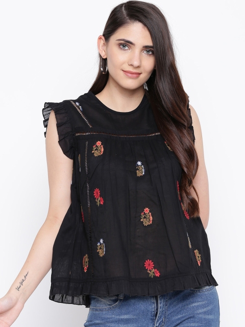 

DODO & MOA Women Black Embroidered Top with Lace Inserts