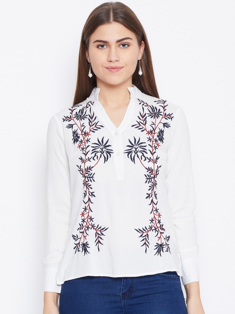 

DODO & MOA Women White Embroidered Shirt Style Top