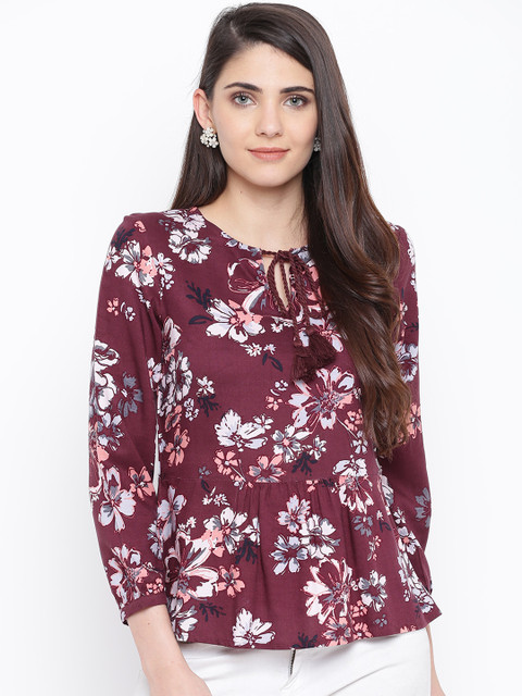

DODO & MOA Women Burgundy Printed A-Line Pure Cotton Top