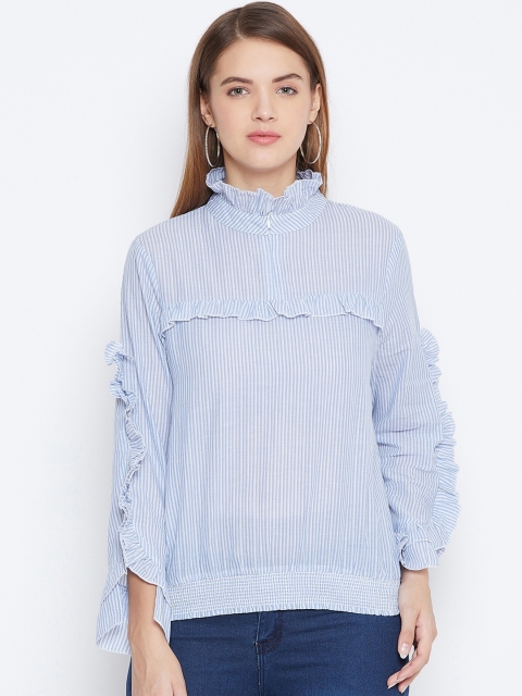 

DODO & MOA Women Blue & White Pinstriped Blouson Pure Cotton Top