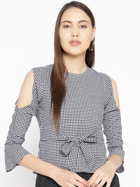 

DODO & MOA Women Black & White Checked Cinched Waist Top