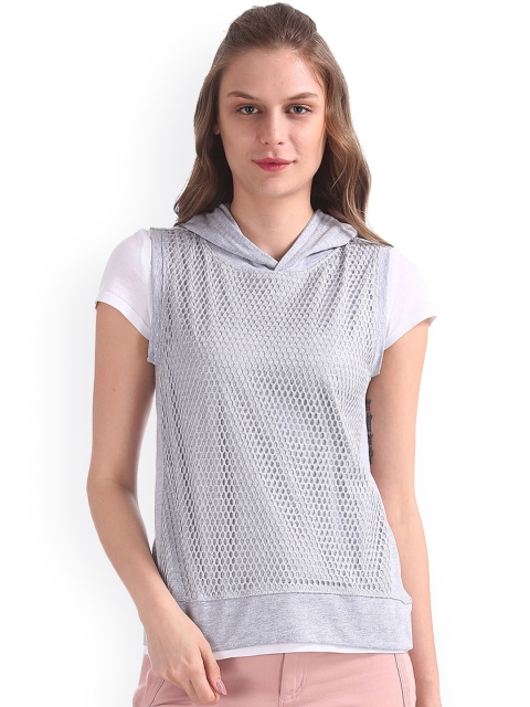 

Sugr Women Grey Mesh Front Hooded Sweatshirt