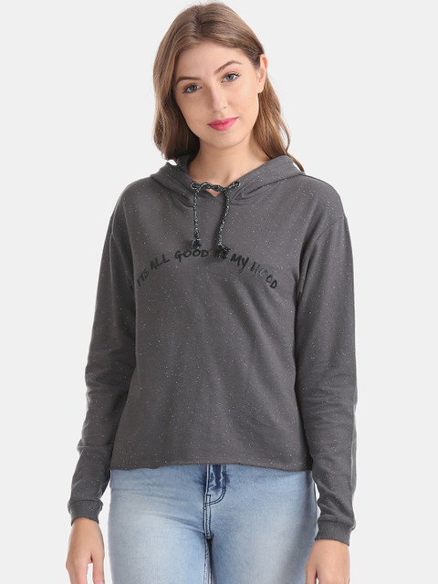 

Sugr Women Charcoal Grey Typography Printed Hooded Pullover Sweatshirt