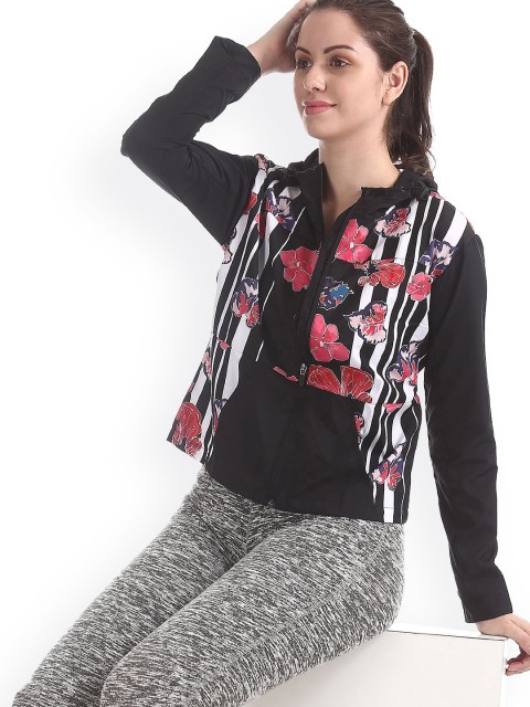 

Sugr Women Black & Pink Printed Hooded Front Open Sweatshirt