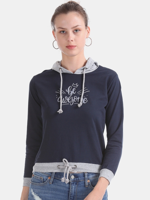 

Sugr Women Navy Blue Printed Hooded Sweatshirt