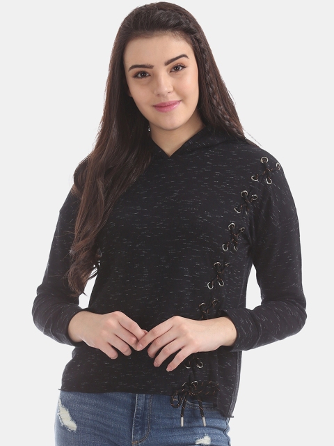 

Sugr Women Black Solid Hooded Sweatshirt