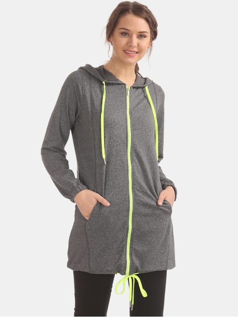 

Sugr Women Grey Solid Longline Hooded Active Sweatshirt