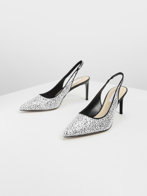 

CHARLES & KEITH Women White & Grey Printed Pumps
