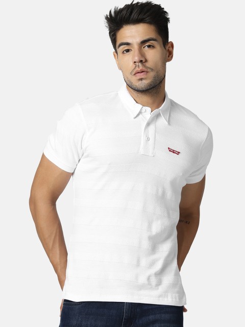 

FIDO DIDO Men White Slim Fit Self Design Polo Collar T-shirt