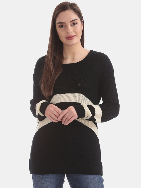 

Sugr Women Black & Cream-Coloured Striped Pullover Sweater