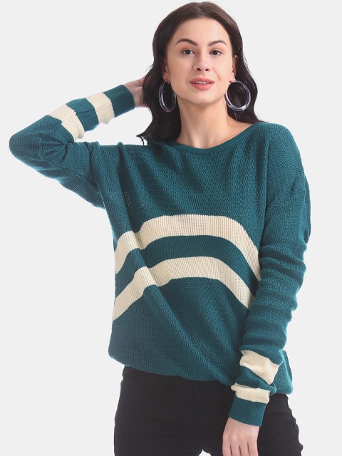 

Sugr Women Teal Green & White Striped Pullover Sweater