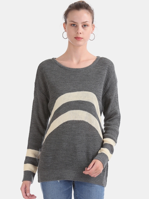 

Sugr Women Charcoal Grey & Cream-Coloured Striped Pullover Sweater