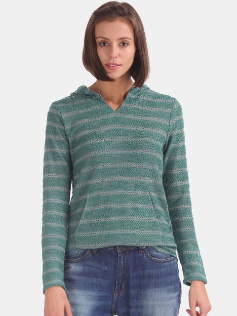 

Cherokee Women Green Striped Hooded Sweatshirt